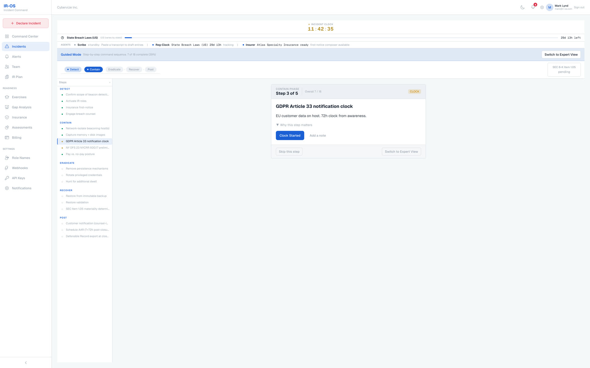IR-OS regulatory clocks panel showing GDPR Article 33 and NY DFS