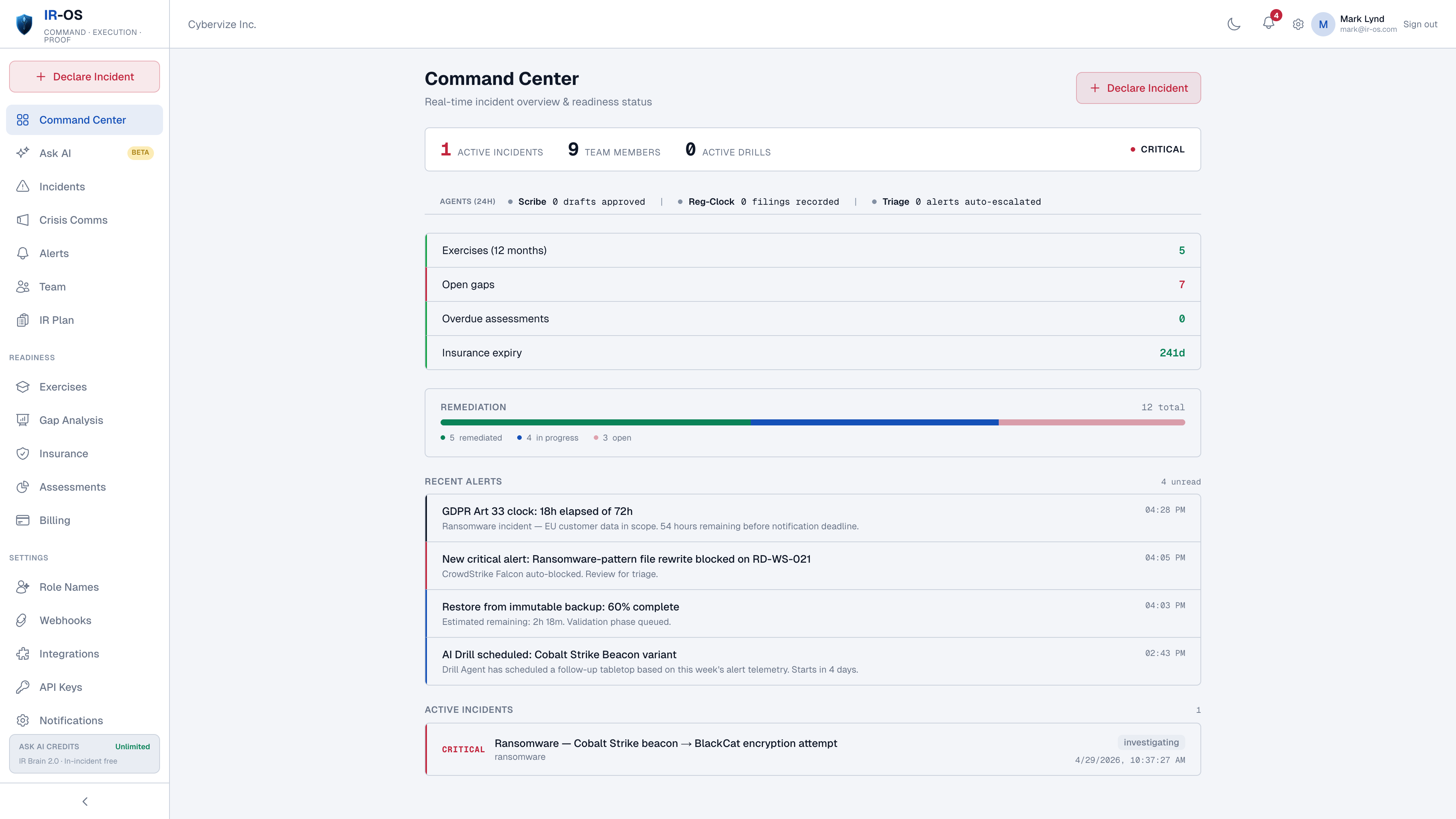 IR-OS dashboard showing role-scoped views for CISO, GC, CFO, and board observer