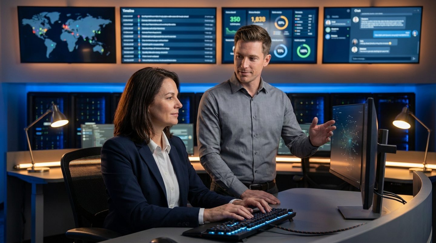 An incident response team working in a security operations center, reviewing live incident dashboards and regulatory timelines